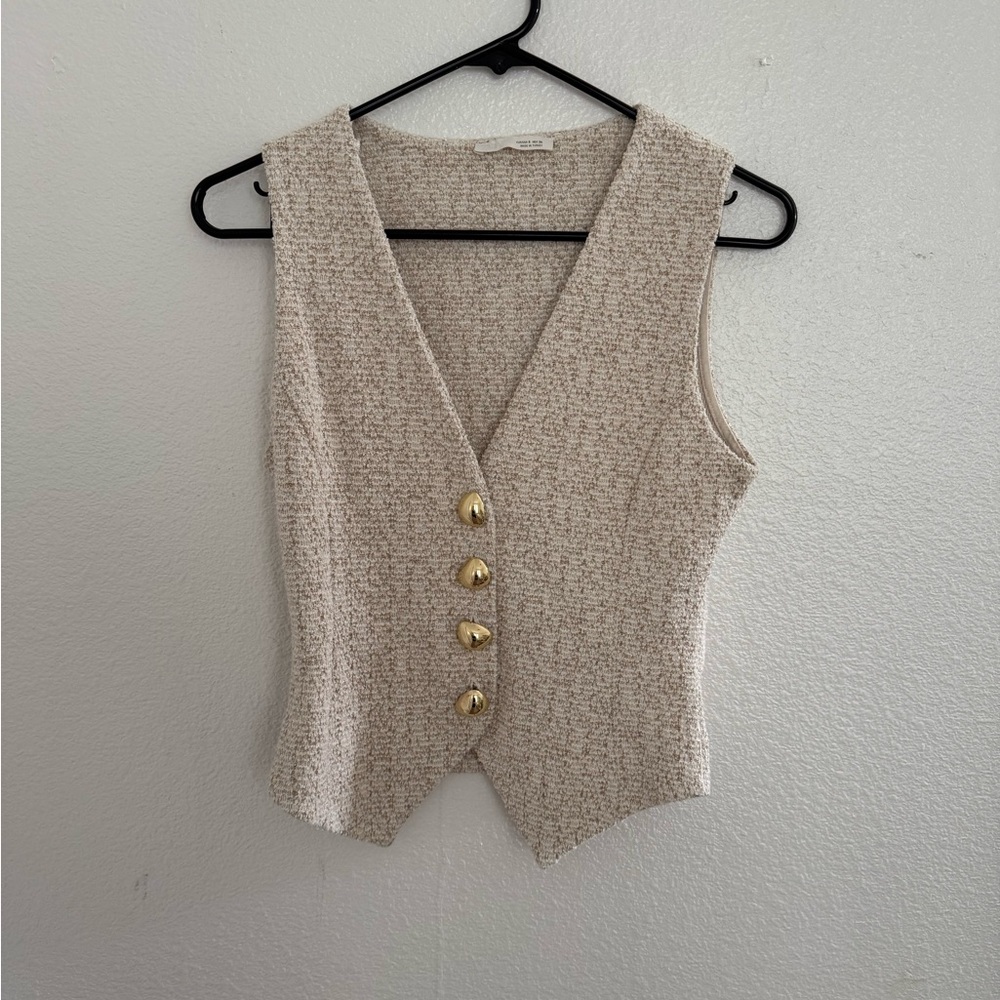 Zara Cream Tweed Vest with Gold Buttons